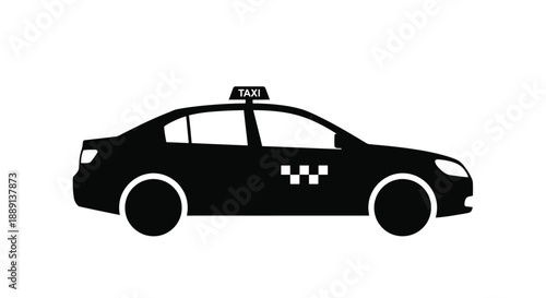 A simple black silhouette of a taxi cab viewed from the side