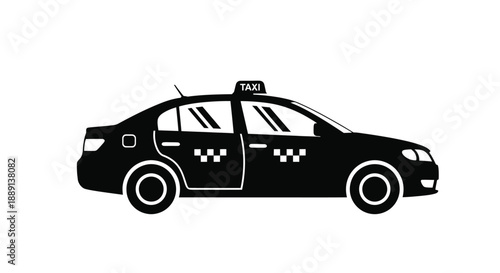 A black and white silhouette of a taxi with an open door