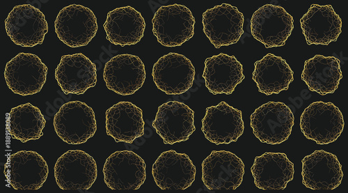 Grid of 30 glowing yellow circular patterns with fractal-like edges on dark background, symbolizing abstract scientific textures, particle structures, or digital data visualization in artistic and con
