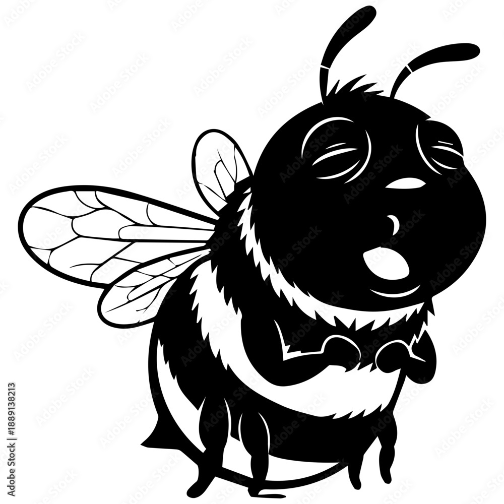 Obraz premium Cute Cartoon Bee Flying with Eyes Closed, Whimsical Black and White Vector Logo Icon
