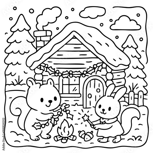 Two woodland animals decorate a cozy cabin by a campfire under a starry sky, creating a whimsical, festive scene.