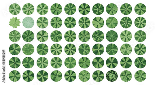 Grid of 64 green circular patterns with radial leaf-like designs and two visual anomalies, symbolizing abstract botanical structures, pattern recognition, and conceptual puzzles in digital or educatio