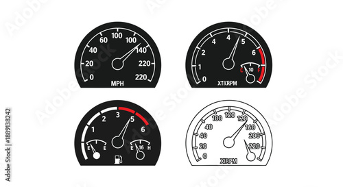 Four automotive gauges displaying speed temperature fuel and engine data