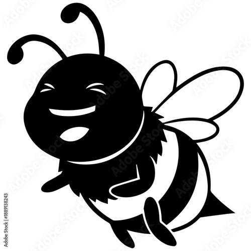 Happy Bee Cartoon Icon: Cute Black and White Flying Insect with Joyful Expression, Simple Vector Art