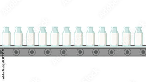 Bottles of milk moving along a conveyor belt in a factory, symbolizing mass production, distribution, and the dairy industry's process of packaging beverages.