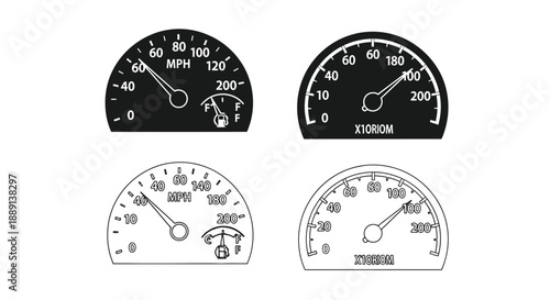 Four automotive gauges displaying speed temperature and fuel levels
