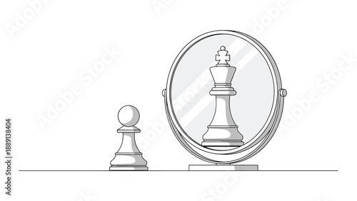 A chess pawn facing a mirror reflects a king, symbolizing ambition, potential, self-belief, and the aspiration to achieve greatness and overcome limitations.