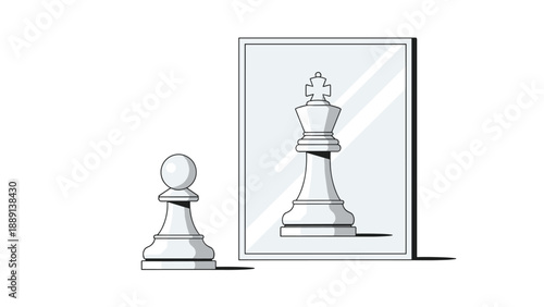 A single chess pawn in front of a mirror, showing its reflection as a powerful king, representing dreams of power, transformation, and reaching one's full potential.