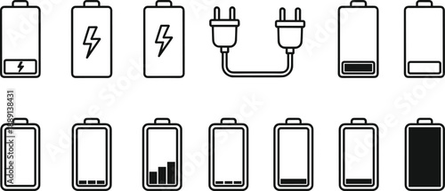 Battery and charging icons set showing various power levels, electric plug, and energy symbols for mobile device UI and interface design