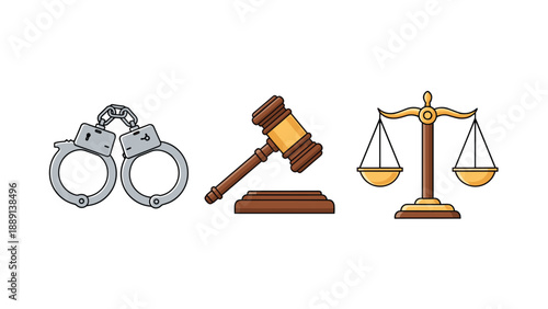 Set of legal symbols including handcuffs, a gavel, and scales of justice, representing the justice system, law, court proceedings, and legal judgment.