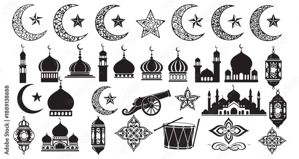 Obraz premium Islamic ramadan bundle with mosque lantern drum and cannon vector