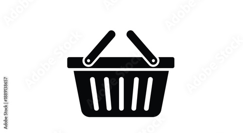 Simple black and white icon depicting a woven shopping basket