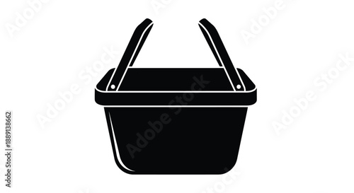 Simple black and white illustration of a picnic basket with handles