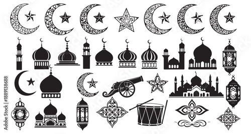 Islamic ramadan bundle with mosque lantern drum and cannon vector