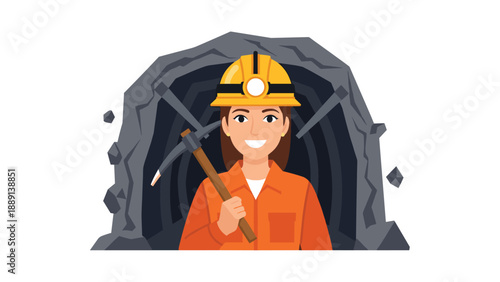 Miner in a Tunnel: A Woman Wearing a Hard Hat and Safety Vest Holds a Pickaxe in a Mine Shaft, Representing Mining, Extraction, Labor, and Geology