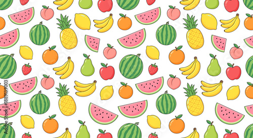Colorful illustration of various fruits, including watermelon, pineapple, banana, and orange, arranged in a repeating pattern.