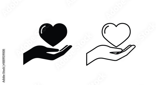 Two hands cradling hearts one solid one outlined in black and white