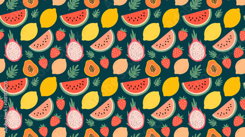 Colorful seamless pattern with tropical fruits on a dark background.
