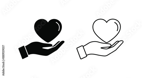 Two hands offering hearts a black filled and a white outlined design
