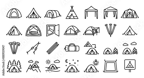 A comprehensive set of black and white line art icons depicting various types of camping tents, gear, and outdoor scenes.