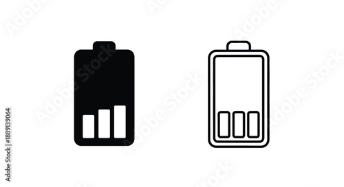 Two battery icons one full one with low charge depicted in black and white
