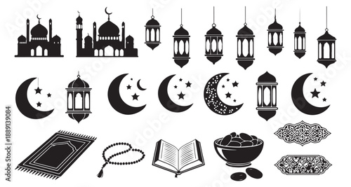 Ramadan Islamic icon set with mosque lantern moon quran vector