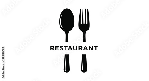 Black silhouettes of a spoon fork and restaurant text on a white background