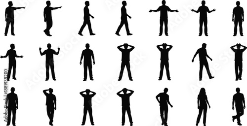 Silhouette figure set showing diverse human postures and gestures for body language, animation reference, and UI design elements