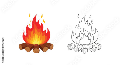Colorful and outlined illustrations depicting a small campfire with burning logs