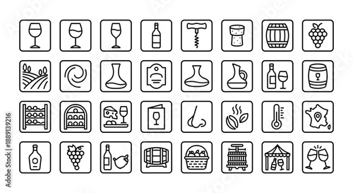 Wine icons set: glass, bottle, corkscrew, barrel, grapes, vineyard, decanter, menu, coffee, thermometer.