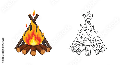 Two depictions of a campfire colored and black and white line art