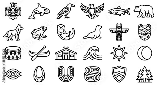 A collection of black line art icons depicting Pacific Northwest Coast Indigenous symbols, including animals, cultural objects, and nature elements.