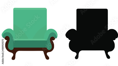 A green armchair and its silhouette on a white background