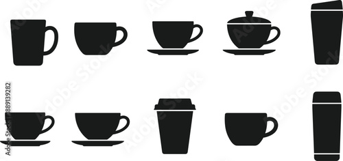 Cup and mug icon set featuring various drinkware styles including teacups, tumblers, and thermos, flat vector illustration