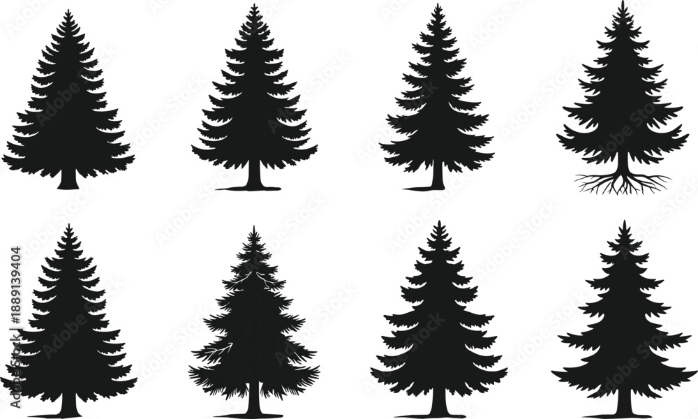 Obraz premium Evergreen tree silhouette set, pine and fir icons, forest elements, botanical design, flat vector illustration, nature graphic collection