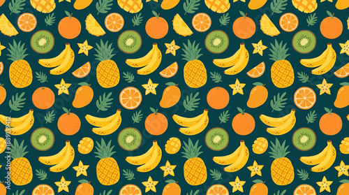 Vibrant and colorful seamless pattern featuring a variety of tropical fruits on a dark background.