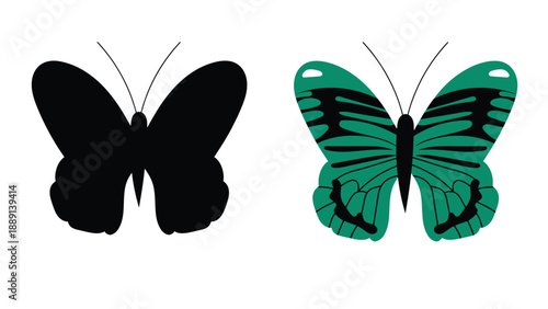 A black butterfly silhouette and a green butterfly with black stripes on a white background