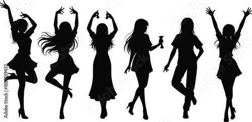 Female silhouette icon set with expressive dance and celebration poses for fashion, art, and design, flat vector illustration