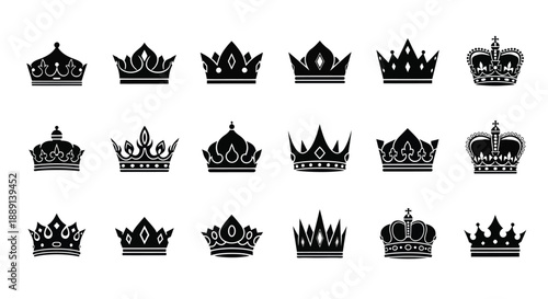 Collection of diverse black crown icons arranged in a grid pattern