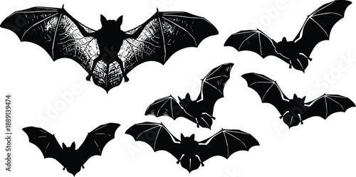 Flying bat silhouette set, detailed wing textures, black and blue sketch, nocturnal animal icons - flat vector illustration