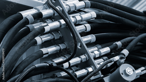 Bild auf Leinwand Bundle of pipes connected to industrial hydraulic pneumatic machine, industrial