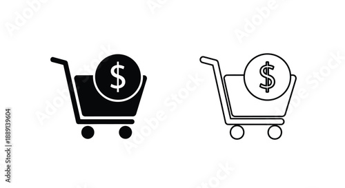 Two shopping cart icons with dollar signs one filled and one outlined