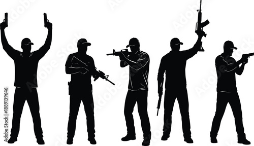 Collection, of, black, silhouettes, featuring, armed, men, with, handguns, and, rifles, representing, security, military, defense, tactical, training, and, law, enforcement.