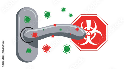 Illustration of a door handle covered in viruses, with a biohazard symbol, warning of germ contamination and potential infection spread.