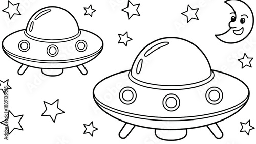 A cartoon illustration of two UFOs flying in the night sky with stars and a smiling moon