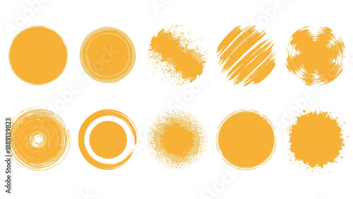 Collection of Yellow Brush Stroke Circles and Splatters Isolated on White Background, Graphic Elements for Design Projects