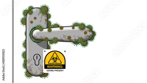 Close-up illustration of a door handle heavily contaminated with viruses, featuring a warning sign: 'Germs Present', emphasizing hygiene risks.