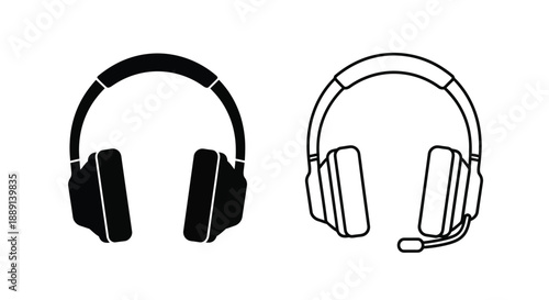 Two headphone designs a solid black pair and a line art headset