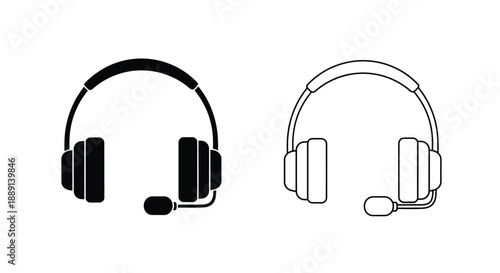 Two headset icons one solid black one white outline with microphone