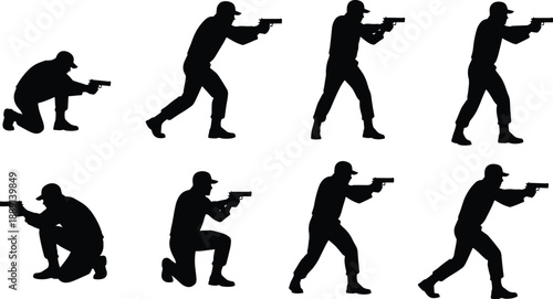 Collection, of, black, silhouettes, featuring, armed, men, in, tactical, gear, with, handguns, representing, security, training, defense, law, enforcement, and, action.